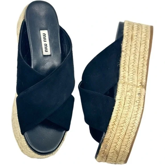 MIU MIU Suede Espadrille Platform Slip on Slides Sandals Black size 8 NEW - Picture 8 of 14